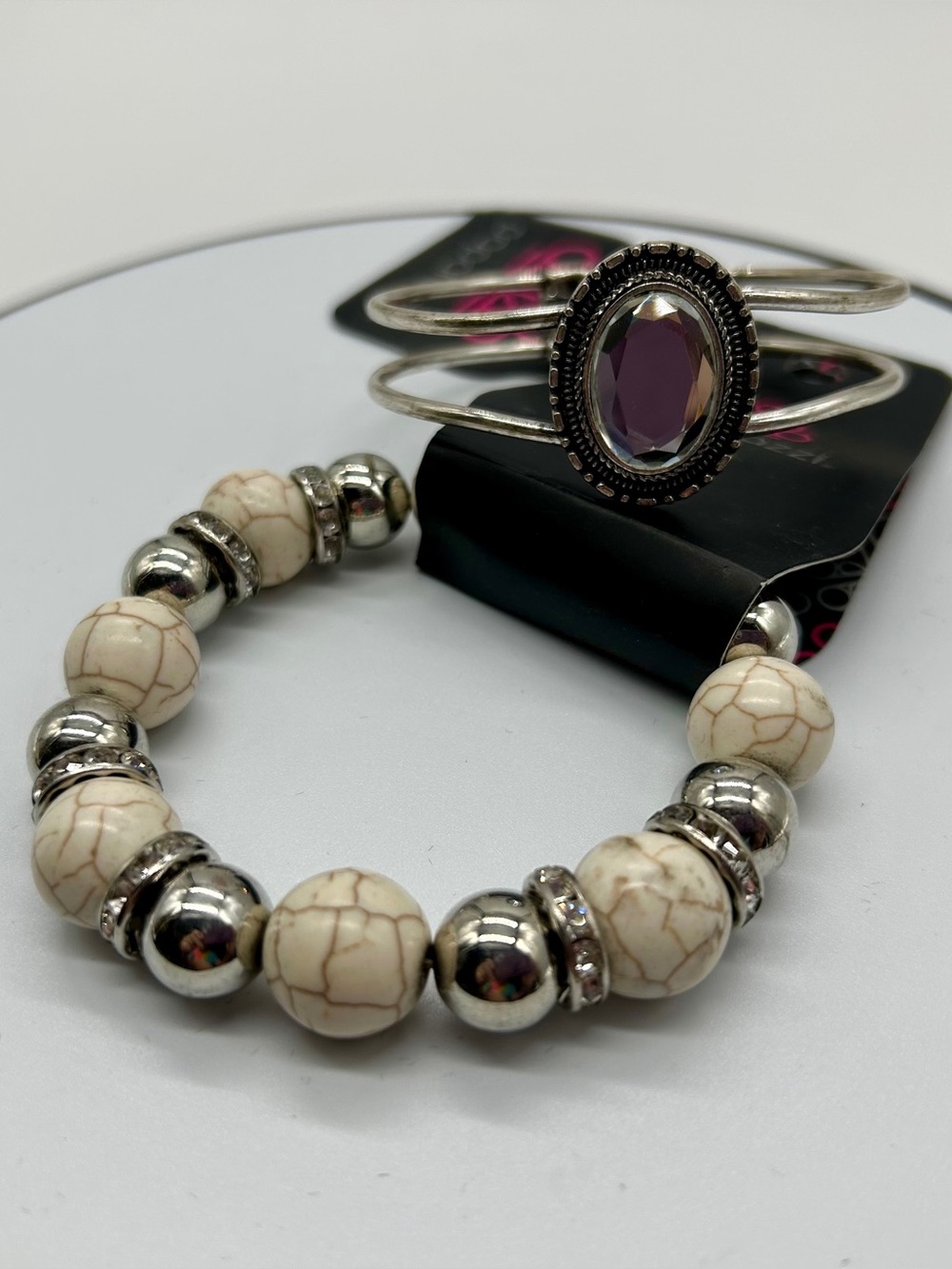 NEW - 2 Pcs; Faux Howlite & Rhinestones Bracelet + Silver Tone Hinged Bracelet